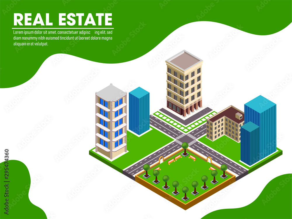 Isometric view of Urban city for Real Estate design on white and blue background.