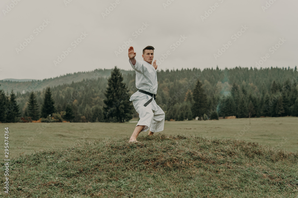 Martial art of karate, a man in a kimono with black belt trains on the mountain,free space.