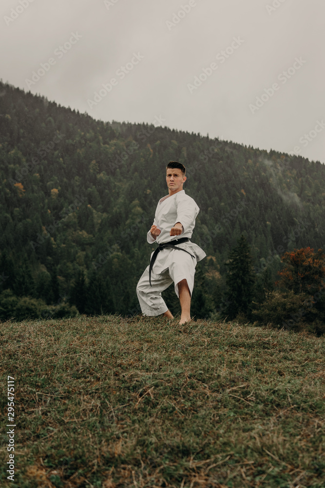 Martial art of karate, a man in a kimono with black belt trains on the mountain,free space. Martial art of karate, a man in a kimono with black belt trains on the mountain,free space.