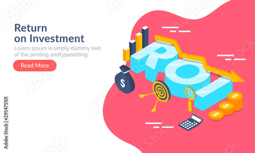 Return On Investment (ROI) concept based web template design, 3d text ROI with infographic elements, financial info chart and stacks of coin on abstract background.