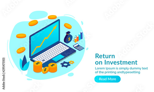 Isometric laptop with financial info chart  coin stacks and bar graph  web template design for Return On Investment  ROI  concept.