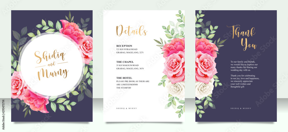 Wedding card set with frame flowers and leaves Wedding card set with frame flowers and leaves