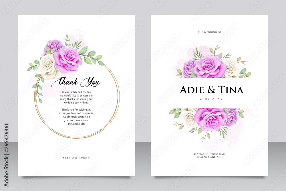 Wedding card template with purple rose flower