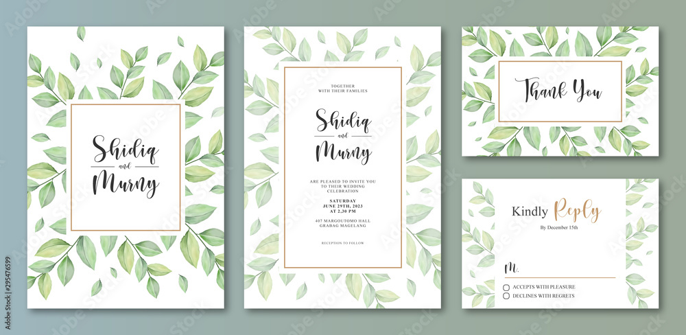 Wedding invitation card set with leaves watercolor