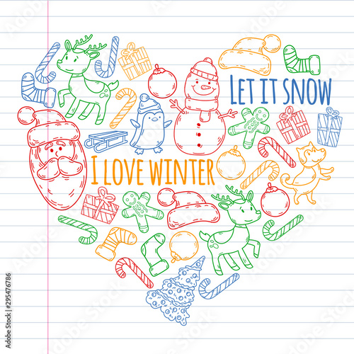 Winter christmas doodles collection. Vector.