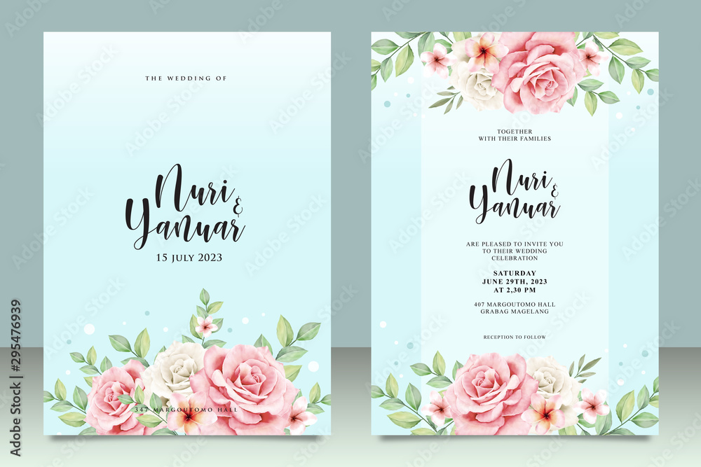 Wedding invitation card with floral on blue background