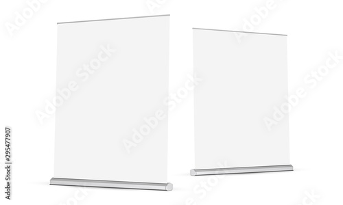 Two wide roll-up banners mockups isolated on white background. Vector illustration
