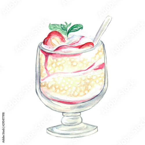 Tapioca pudding. Hand-drawn watercolor illustration of tapioca pudding with strawberry and mint branch, spoon and glass cup. Trendy dessert. Menu. Tasty and healthy food, breackfast. Isolated on white