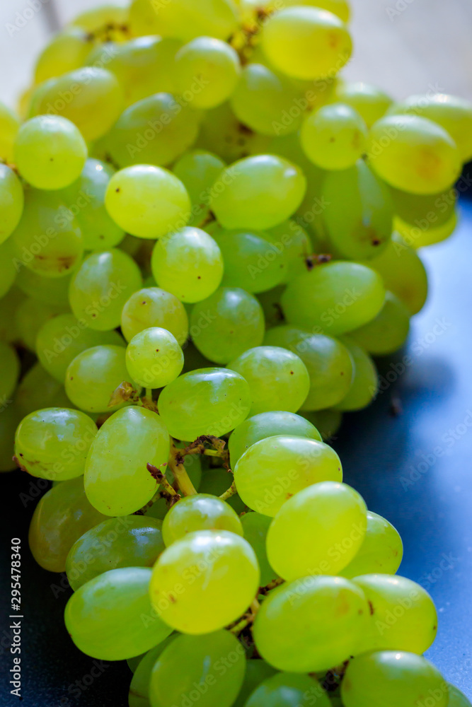 Branch of green grape raisins on a plate. Fruit on a plate. Green berries. Branch of green grape raisins on a plate. Fruit on a plate. Green berries.