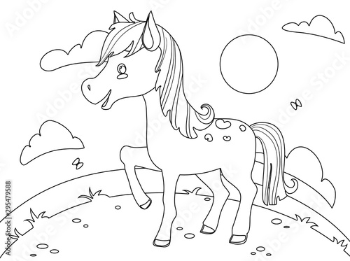 Illustration of a cute funny horse vector coloring page contour clipart