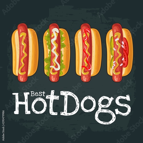 4 different types hotdog with tomato, ketchup, mayo, lettuce, mustard, onion. Vector color flat icon