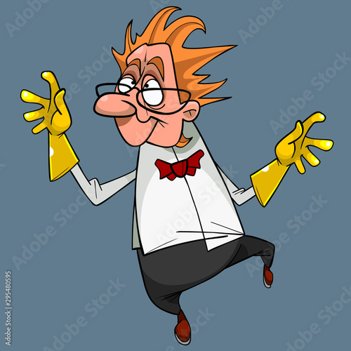 cartoon crazy male scientist in gloves fun jumping