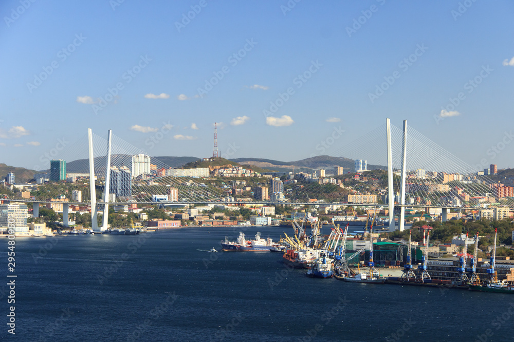 Vladivostok, Russia - October, 05, 2019: View of the central part of the city from the viewpoint on the Krestovaya hill.