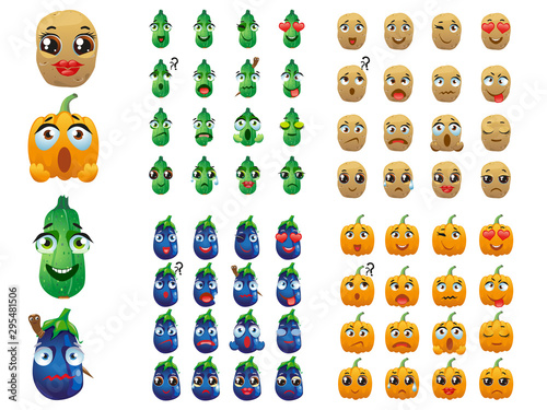 Set of vegetables. Emoji Emoticon Expression. Potatoes, pumpkin, eggplant, zucchini