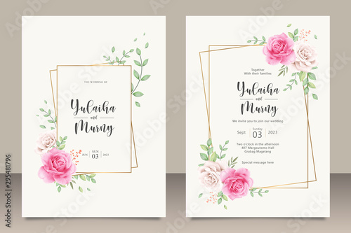 Elegant wedding invitation card template with pink roses flowers