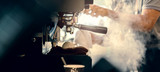 banner size of barista working makeing coffee with coffee machine color tone