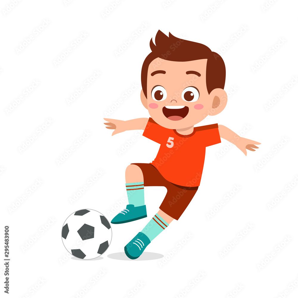 cute kid boy play soccer as striker