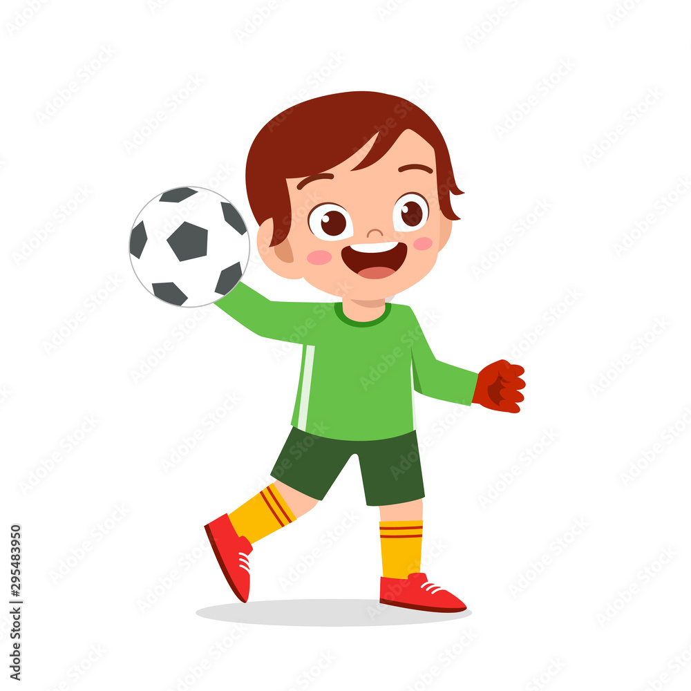 happy kid boy play soccer as goalkeeper