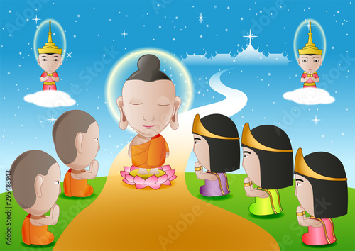 lord of buddha walk down from heaven that for visit and teach his mom in dharma,The begin of tak bat thewo and The End of Buddhist Lent Day.surround by angel monk and buddhist,vector illustration