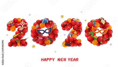 Vector Happy New Year 2020  text design with amusement and carnival funfair concept isolated on white background.