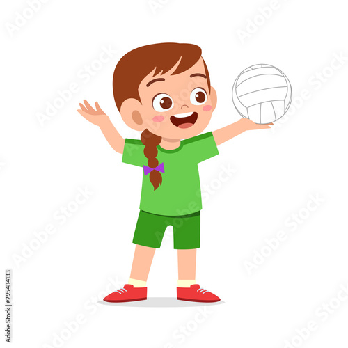 happy cute kid girl play train volleyball