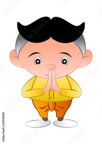 thai bubble head is greeting in called sawasdee,in cartoon design and thai dress,vector illustration