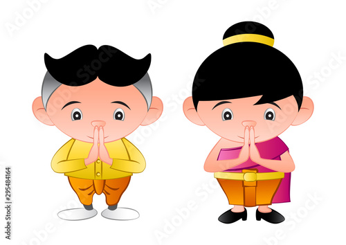 thai bubble head boy and girl is greeting in called sawasdee,in cartoon design and thai dress,vector illustration
