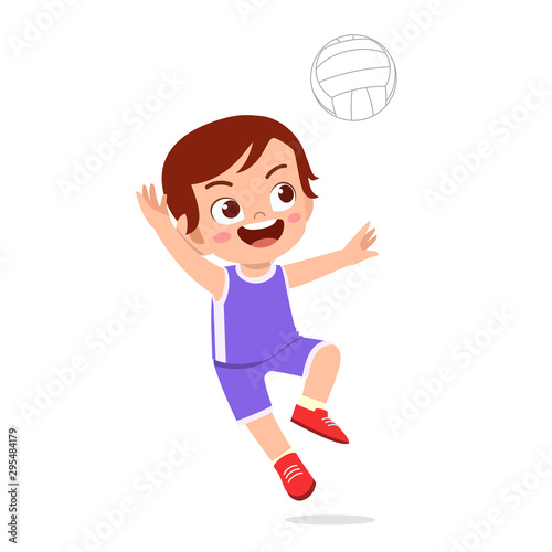 happy cute kid boy play train volleyball