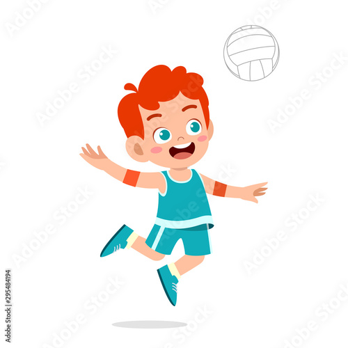 happy cute kid boy play train volleyball