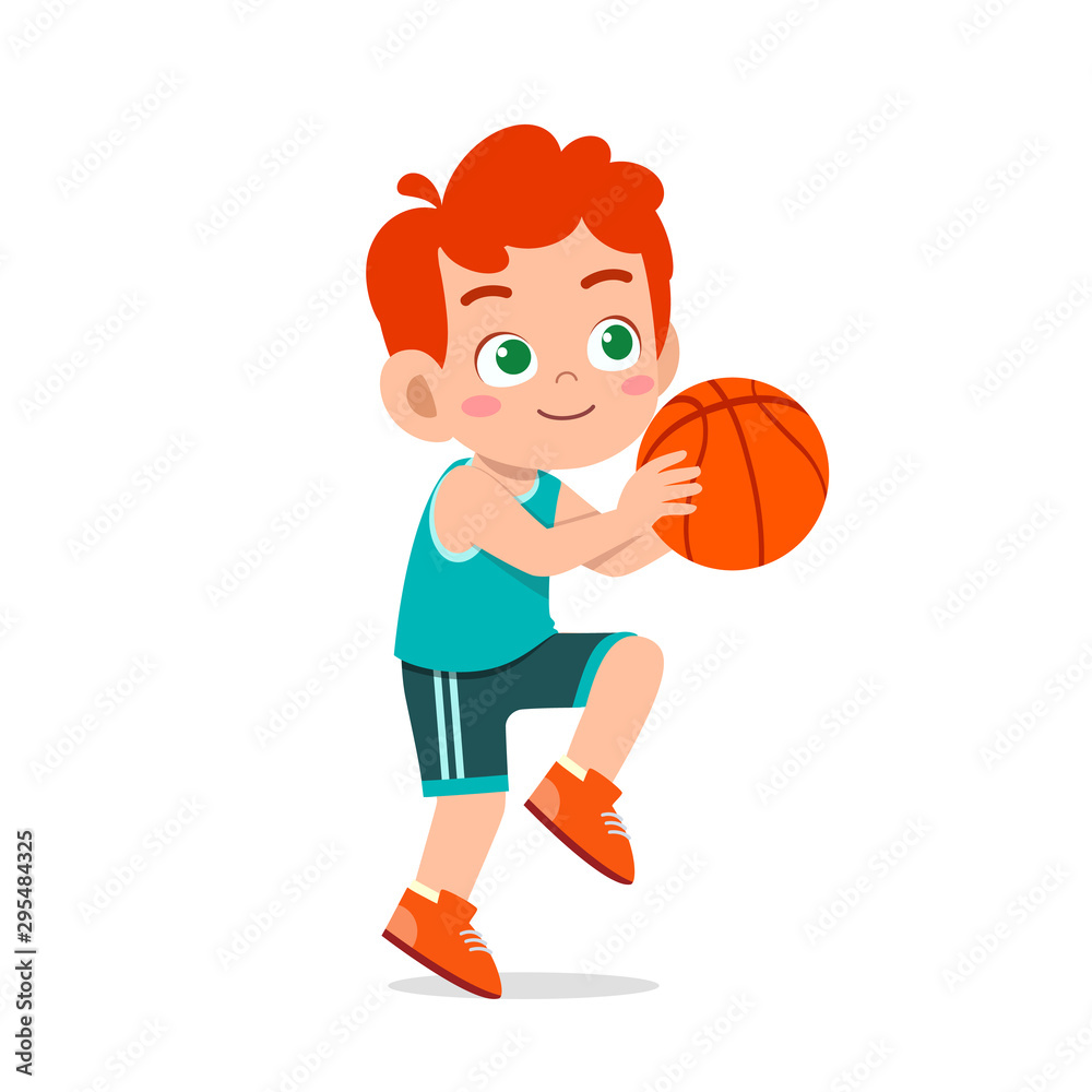 happy cute kid boy play train basketball