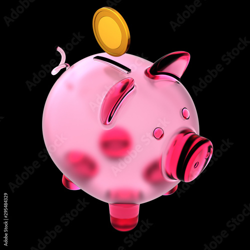 Piggy bank pink empty translucent and golden coin over it