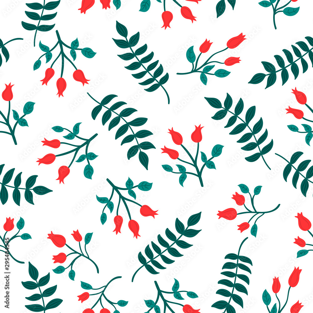 Naklejka Seamless pattern rose hip and leaves. Forest organic natural plants. Scandinavian style.