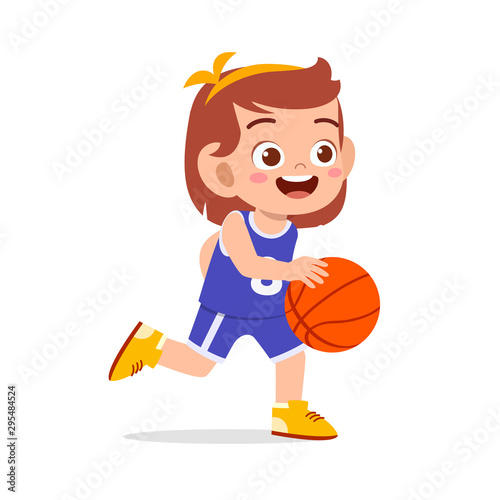 happy cute kid girl play train basketball