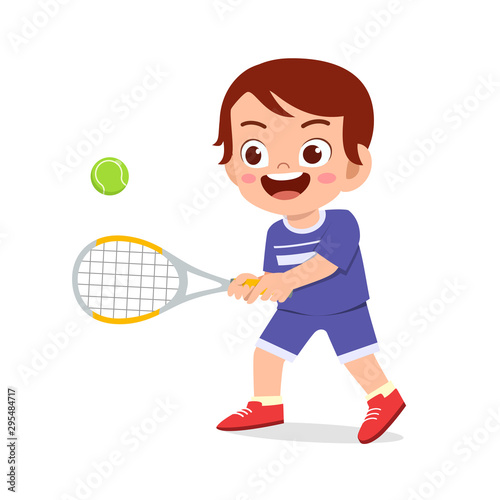 happy cute kid boy play train tennis