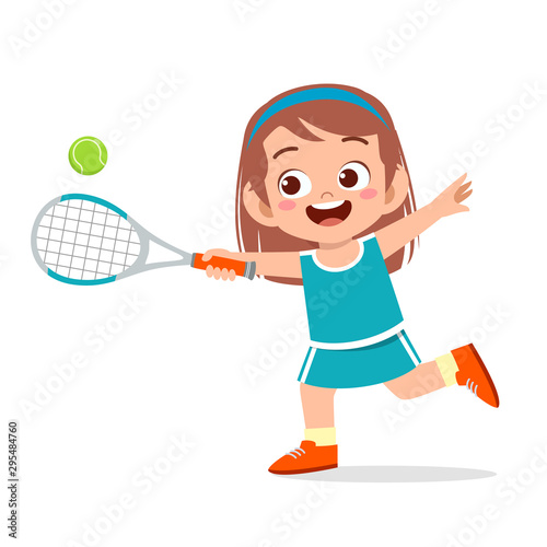 happy cute kid girl play train tennis