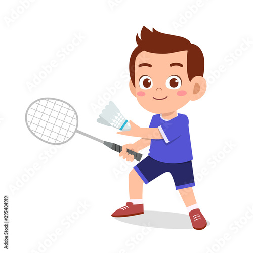 happy cute kid boy play train badminton