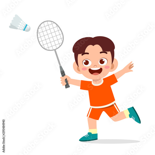 happy cute kid boy play train badminton