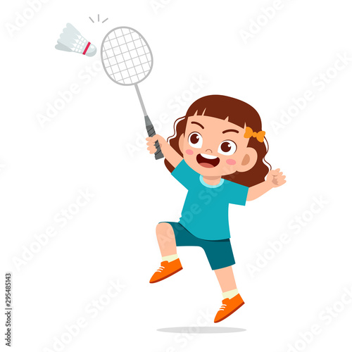 happy cute kid girl play train badminton