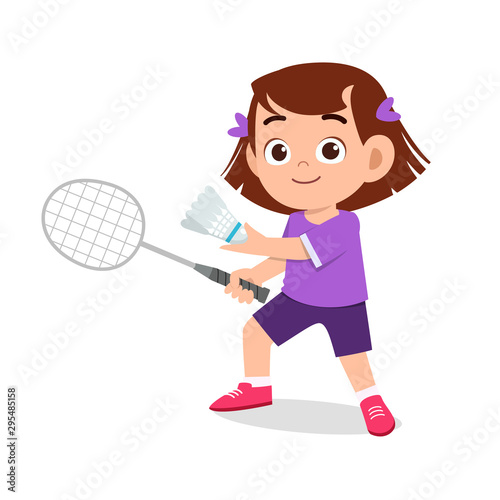 happy cute kid girl play train badminton