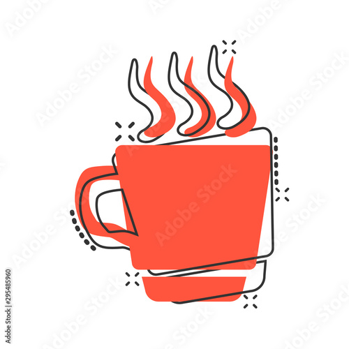 Coffee, tea cup icon in comic style. Coffee mug vector cartoon illustration pictogram. Drink business concept splash effect.
