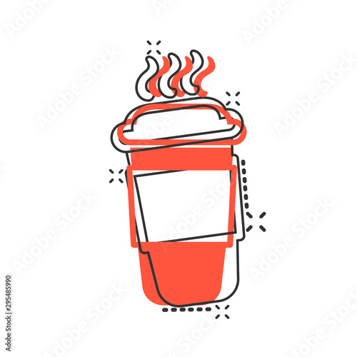 Coffee, tea cup icon in comic style. Coffee mug vector cartoon illustration pictogram. Drink business concept splash effect.
