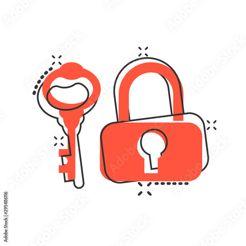 Key with padlock icon in comic style. Access login vector cartoon illustration pictogram. Lock keyhole business concept splash effect.