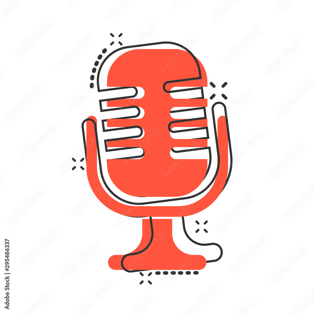Microphone icon in comic style. Mic broadcast vector cartoon illustration pictogram. Microphone mike speech business concept splash effect. Microphone icon in comic style. Mic broadcast vector cartoon illustration pictogram. Microphone mike speech business concept splash effect.