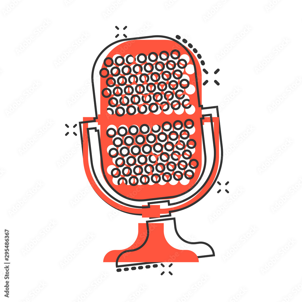 Microphone icon in comic style. Mic broadcast vector cartoon illustration pictogram. Microphone mike speech business concept splash effect. Microphone icon in comic style. Mic broadcast vector cartoon illustration pictogram. Microphone mike speech business concept splash effect.