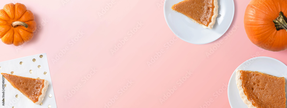 Pumpkin pie with autumn pumpkins - overhead view Pumpkin pie with autumn pumpkins - overhead view