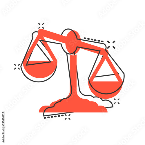 Scale comparison icon in comic style. Balance weight vector cartoon illustration pictogram. Scale compare business concept splash effect.