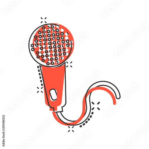 Microphone icon in comic style. Mic broadcast vector cartoon illustration pictogram. Microphone mike speech business concept splash effect.
