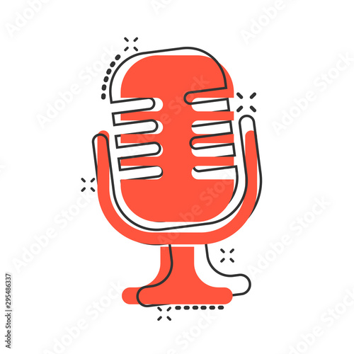 Microphone icon in comic style. Mic broadcast vector cartoon illustration pictogram. Microphone mike speech business concept splash effect.