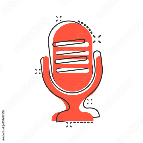 Microphone icon in comic style. Mic broadcast vector cartoon illustration pictogram. Microphone mike speech business concept splash effect.