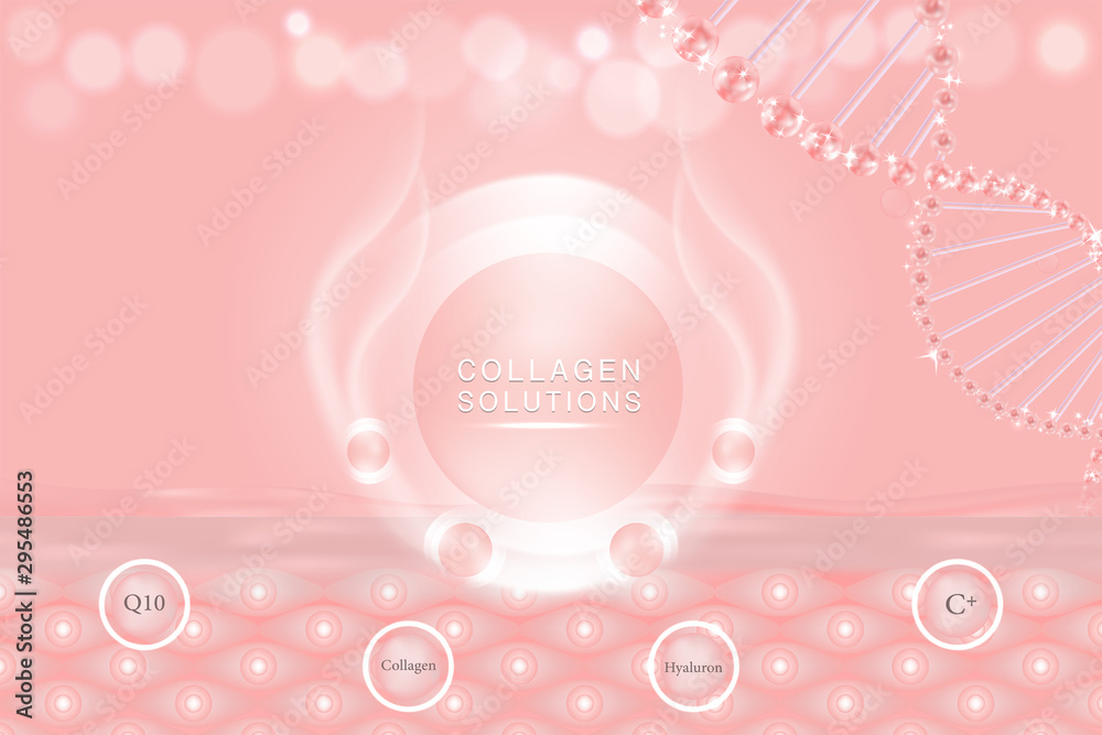 Hyaluronic acid skin solutions ad, pink collagen serum drop with cosmetic advertising background ready to use, illustration vector. Hyaluronic acid skin solutions ad, pink collagen serum drop with cosmetic advertising background ready to use, illustration vector.